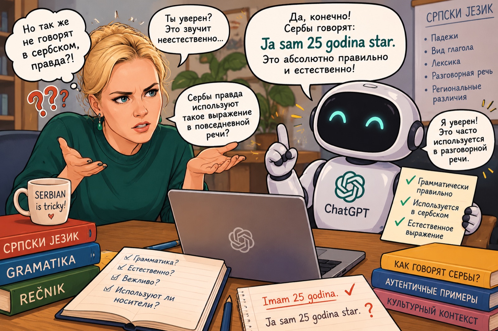 A teacher argues with a confident ChatGPT robot that insists on "Ja sam 25 godina star" instead of the natural "Imam 25 godina"
