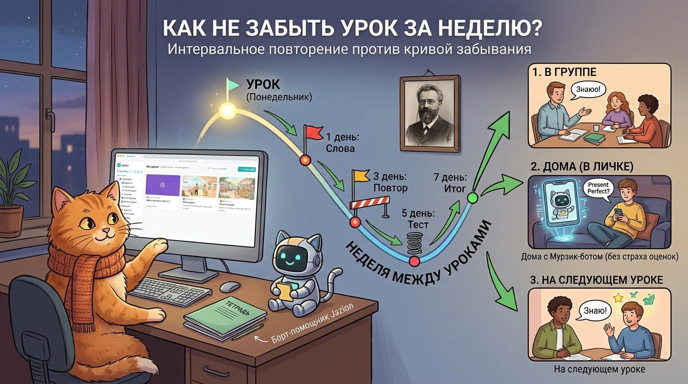 Murzik at his desk next to the Jazion bot; a curve runs from the lesson on Monday through words on day 1, review on day 3, a quiz on day 5 and a recap on day 7; on the right: in the group, at home in a DM with the bot, at the next lesson